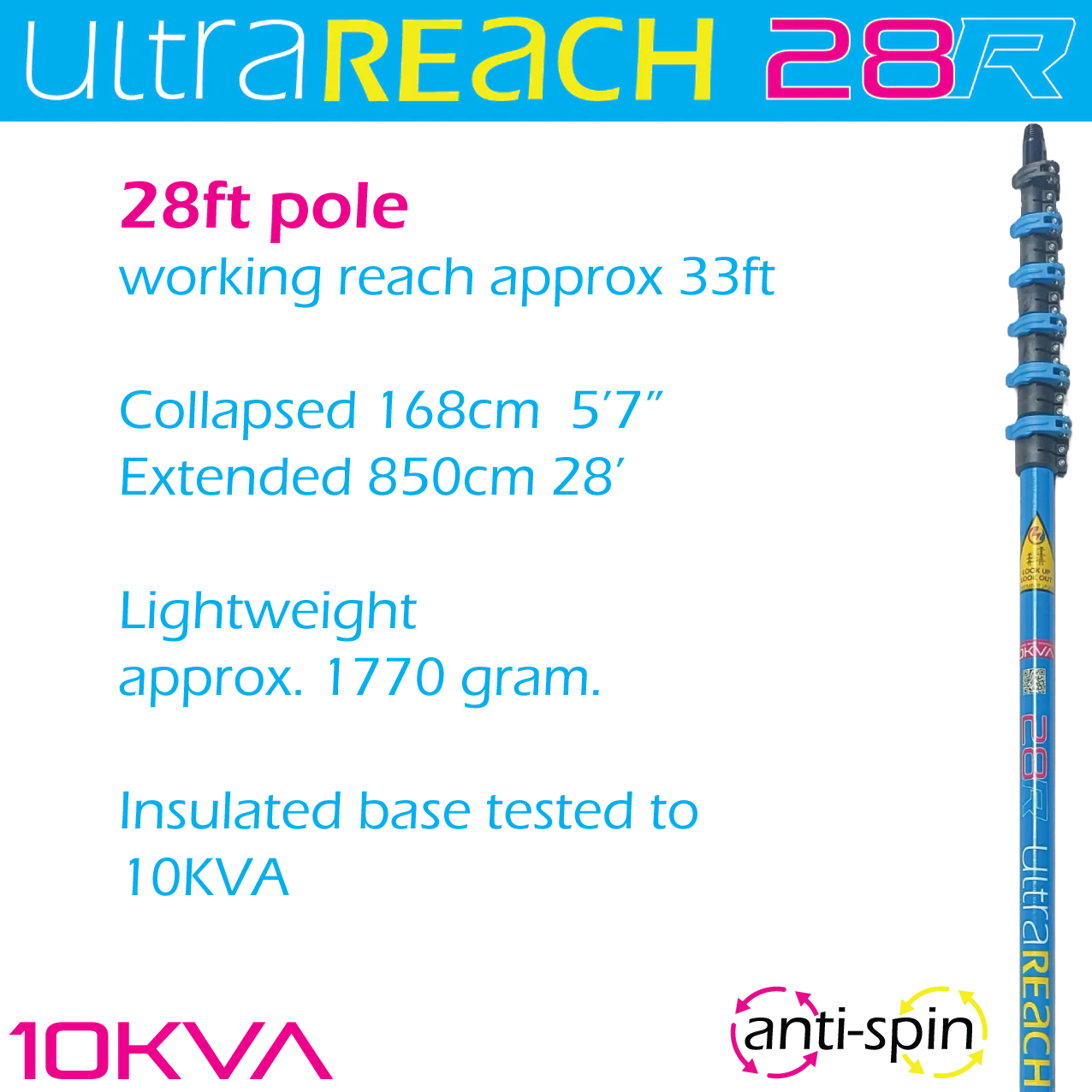 UltraSafe 2-sections insulated anti-spin carbon fibre water fed window cleaning POLES
